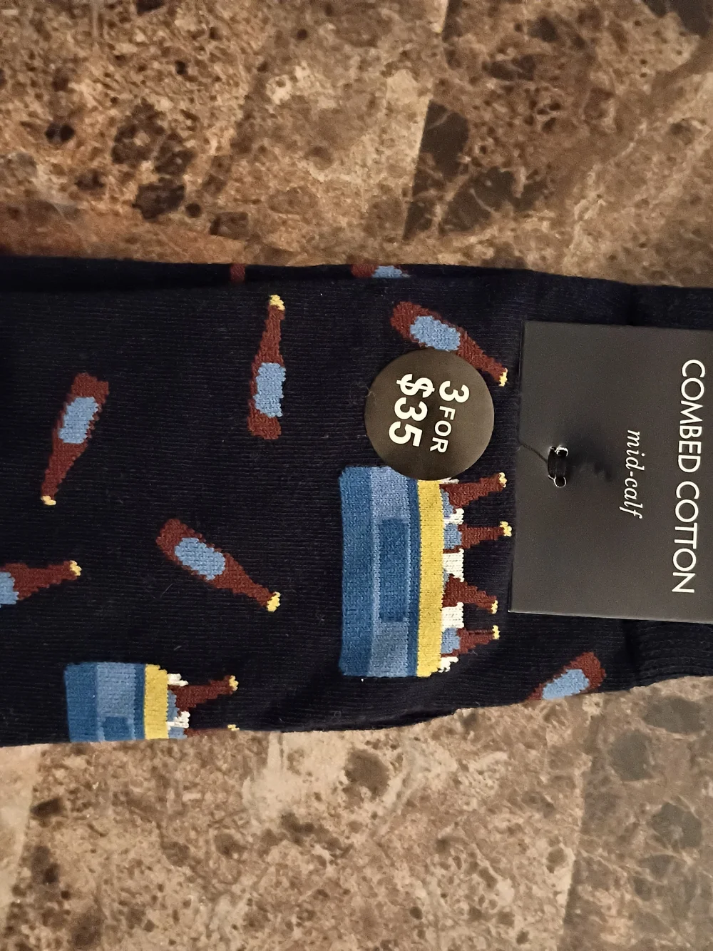 Egara Navy Socks with Blue Cooler and Brown Bottle Pattern